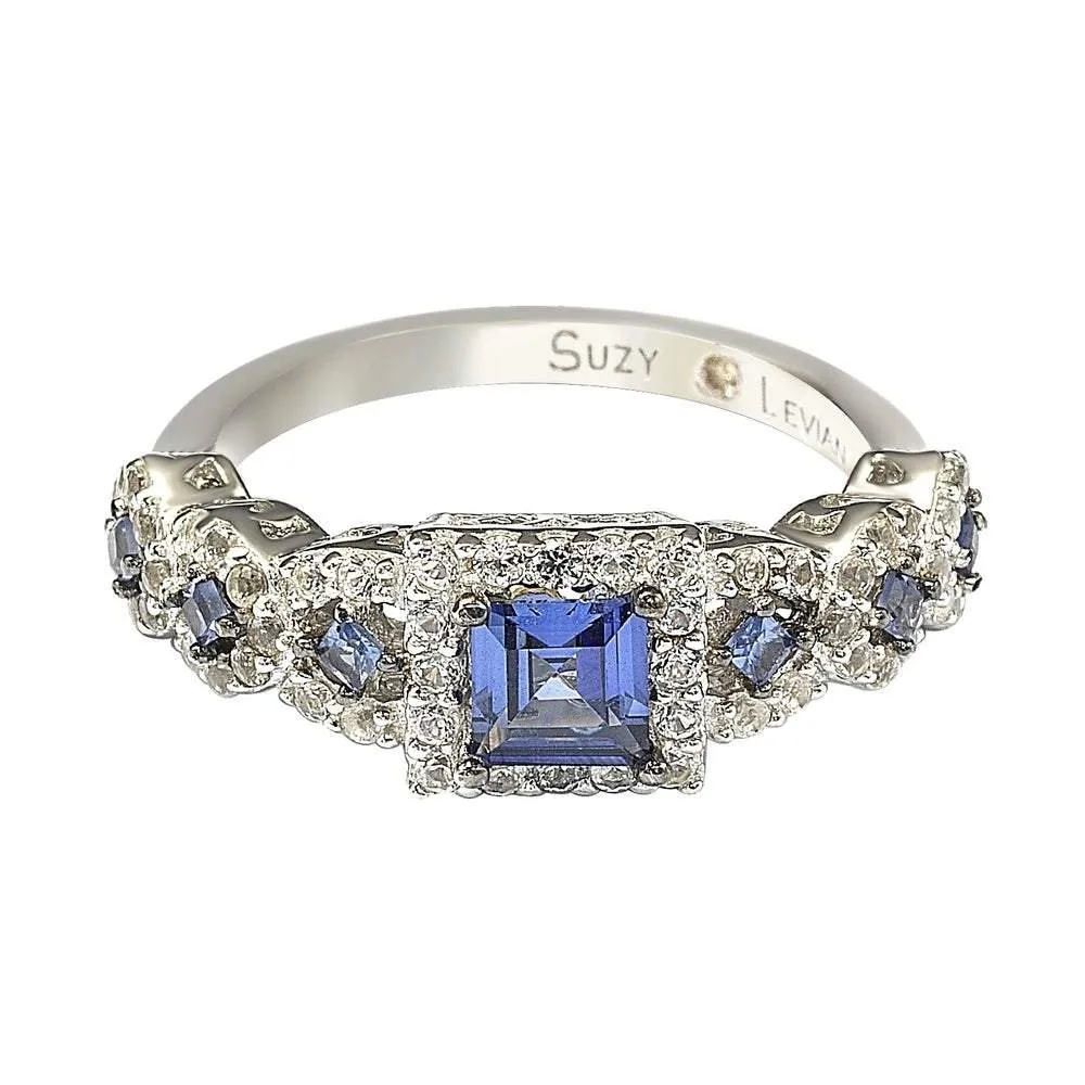 Suzy Levian Sterling Silver Assher Cut Sapphire and Diamond Accent Bridal Engagement Ring - Blue