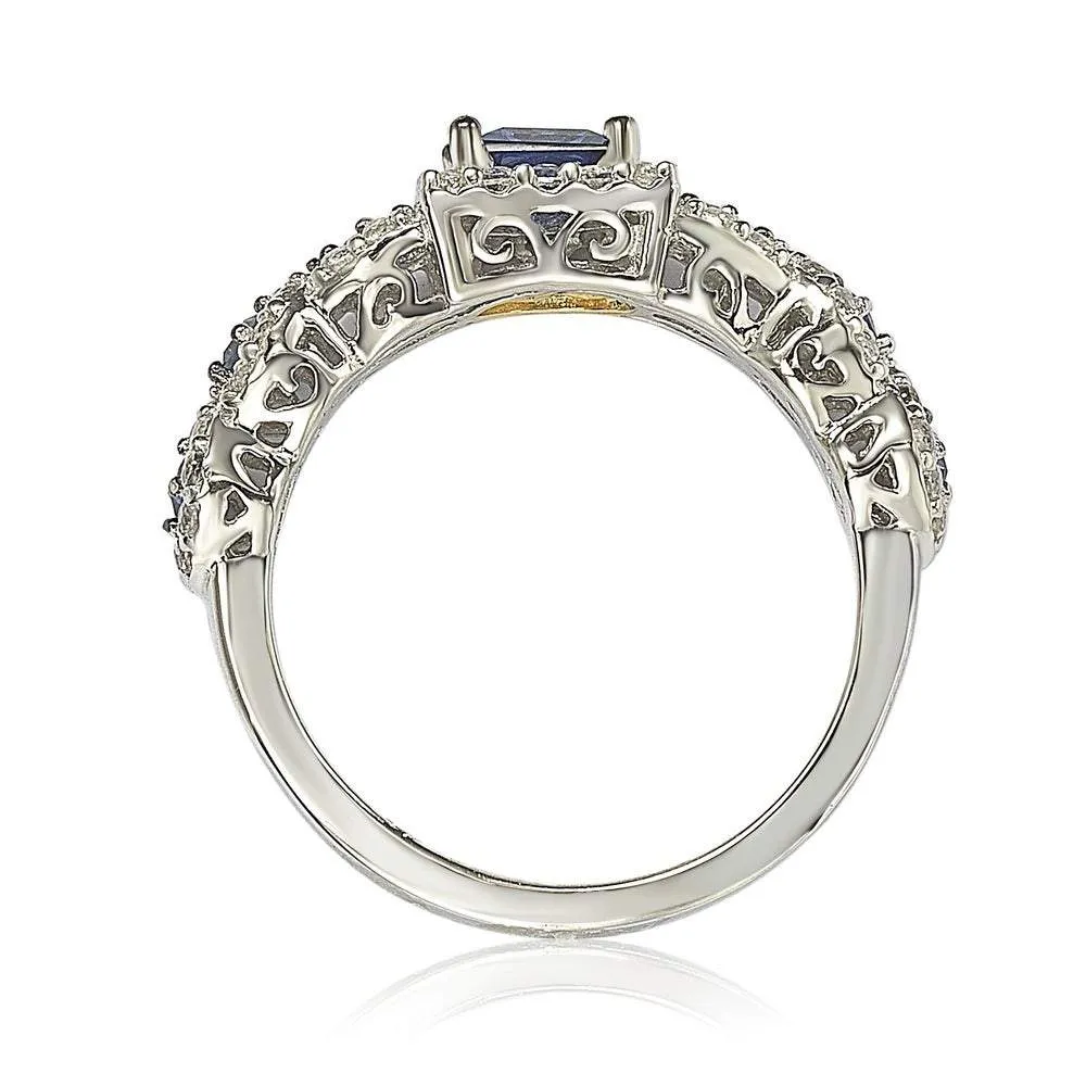 Suzy Levian Sterling Silver Assher Cut Sapphire and Diamond Accent Bridal Engagement Ring - Blue