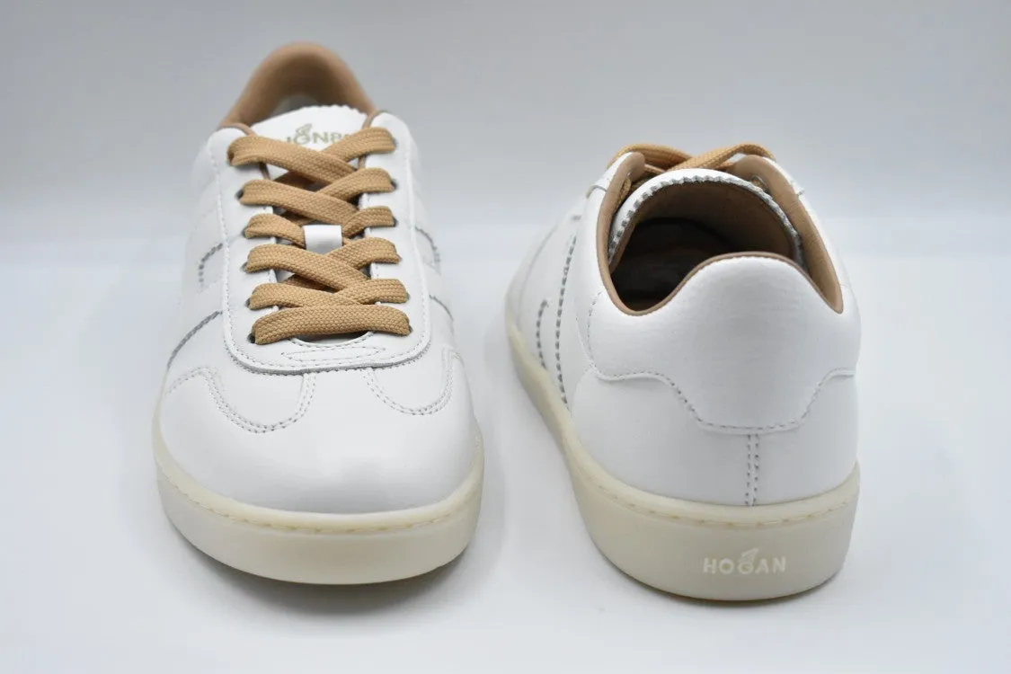 White Leather Sneakers With Contrasting Tan Laces